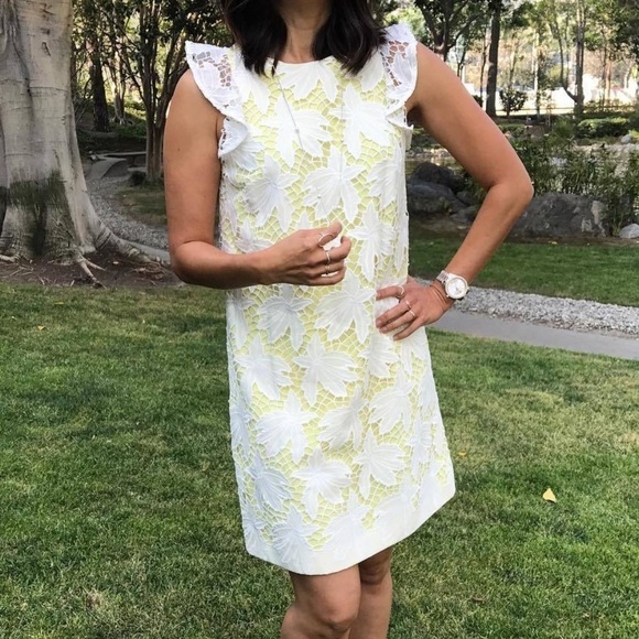 Tahari Petite White and Yellow Ruffle Sleeve Floral Embroidered Sheath Dress - Picture 1 of 9